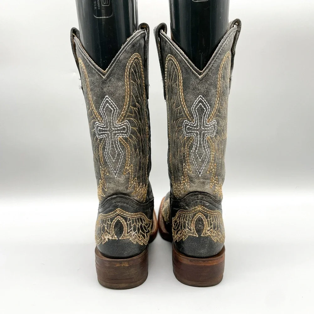 Corral Teen Girls Size 4.5 Distressed Black Leather Wing Cross Western Boots